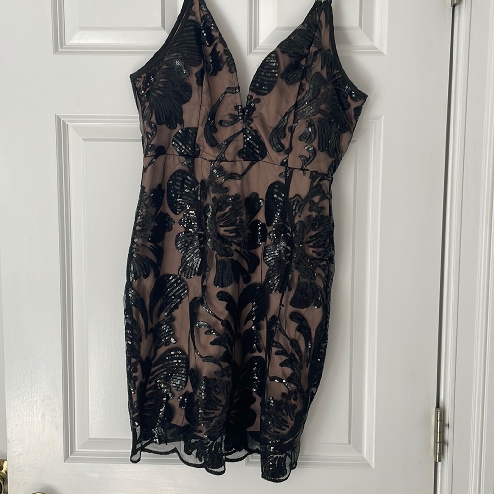 Black floral appliqué semi formal dress